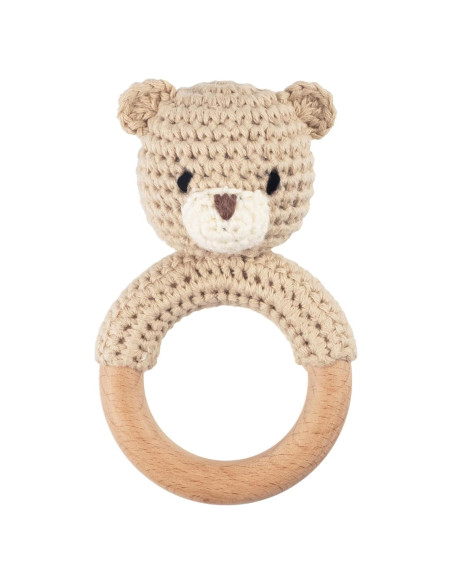 Sonajero de Oso Beige Joliecraft de Madera y Ganchillo 12.7cm