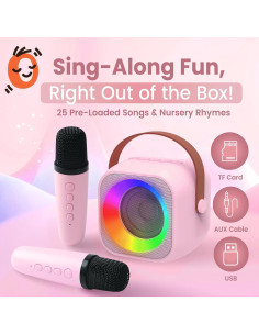 Mini Máquina de Karaoke Two3Sevens Rosa 25 Canciones 2 Micrófonos 2