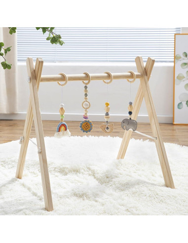 Gimnasio de Juego de Madera Toyking con 4 Juguetes para Bebés