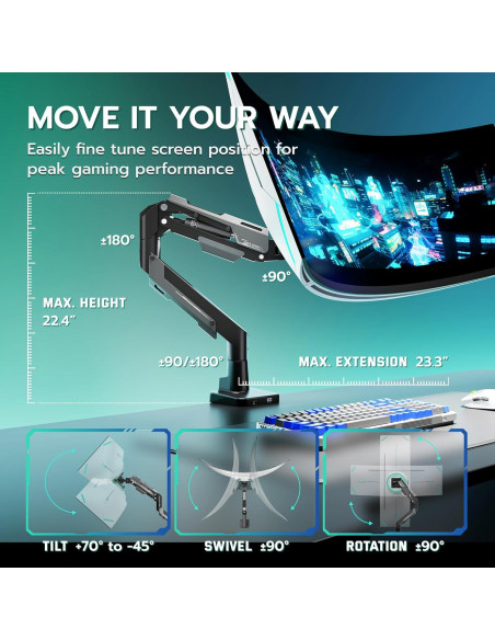 Brazo de Monitor ARES WING Ultra Ancho con USB 24-57" 30 kg