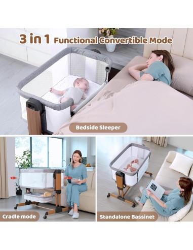 Cuna Mecedora 3 en 1 Ezebaby Gris Medio Ajustable con Ruedas