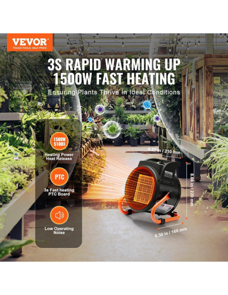 Calentador de Invernadero VEVOR 1500W Eléctrico Portátil 3 Velocidades