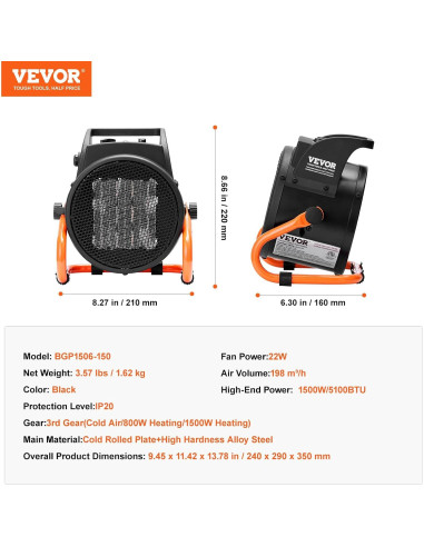Calentador de Invernadero VEVOR 1500W Eléctrico Portátil 3 Velocidades