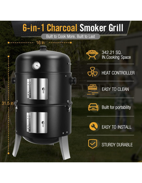 Ahumador de Carbón SUNLIFER 4 en 1 para BBQ 40 cm