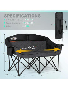 Silla de Camping Doble Overmont - Sofá Negro para 2 Personas 2