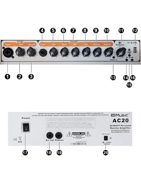 Amplificador Acústico Bluetooth COOLMUSIC AC20 20W 2 Canales