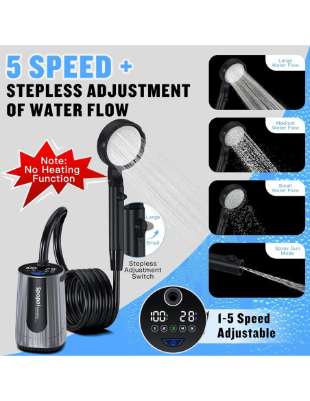 Ducha de Camping Portátil Spopal - Batería 10000mAh, 5 Velocidades, IPX8