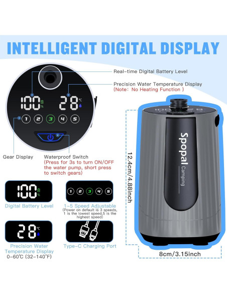 Ducha de Camping Portátil Spopal - Batería 10000mAh, 5 Velocidades, IPX8