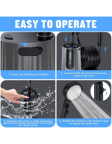 Ducha de Camping Portátil Spopal - Batería 10000mAh, 5 Velocidades, IPX8