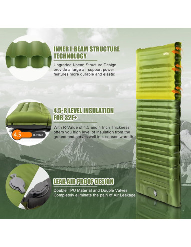 Almohadilla de Camping Inflable BQA 10 cm Grosor Amarillo Militar