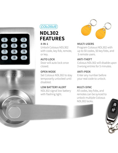 Cerradura Electrónica Colosus NDL302 con Teclado y Control Remoto
