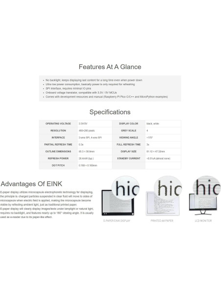 Módulo E-Paper 3.7" Waveshare para Raspberry Pi Pico 480x280 Módulo E-Paper 3.7" Waveshare para Raspberry Pi Pico 480x280