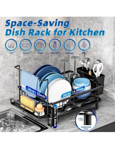 Escurridor de Platos GAOKASE Negro con Soporte para Esponja