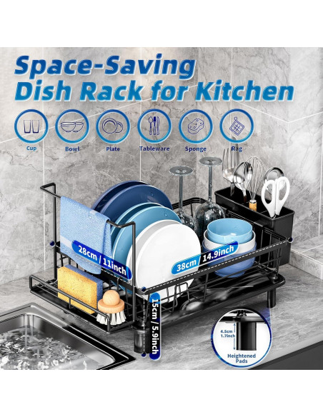 Escurridor de Platos GAOKASE Negro con Soporte para Esponja