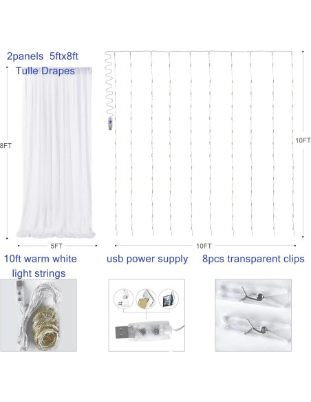 Cortina de Tul Blanca con Luces LED Realparkly 3m x 2.4m