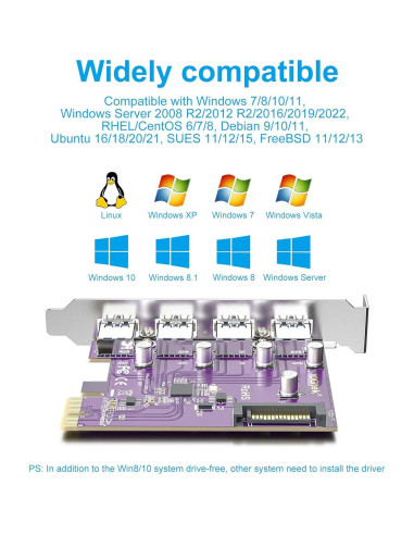 Tarjeta PCIe a 4 USB 3.0 10Gtek VL805-4B-2-US con SATA