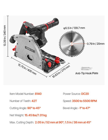 Sierra de Carril Inalámbrica VEVOR 139.7 mm 5500 RPM