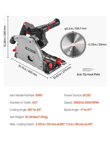 Sierra de Carril Inalámbrica VEVOR 139.7 mm 5500 RPM
