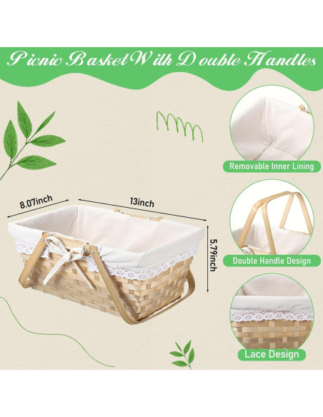 Cesta de Picnic LOYIM 32 cm con Asas Plegables y Forro Blanco