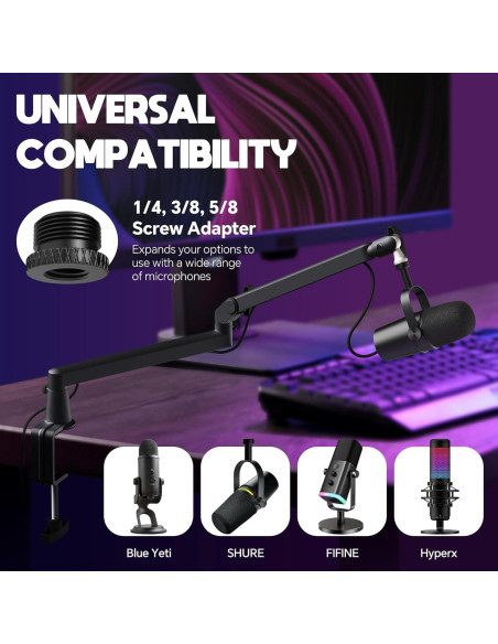 Brazo de Micrófono Ajustable AS17 Negro con Elevador 15cm