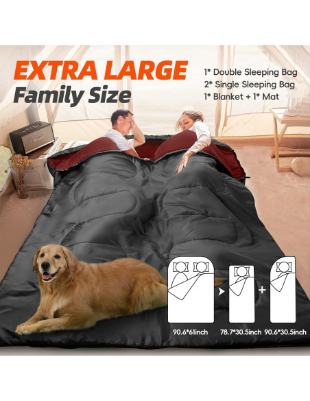 Saco de dormir MEREZA Doble XL para 2 personas - Rojo Burdeos