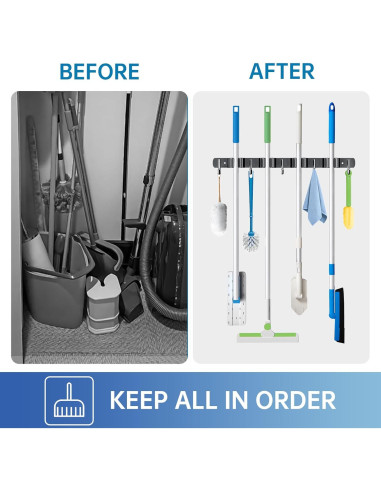 Soporte de Escoba ZONGOOL 4 Estantes 5 Ganchos Montaje Pared
