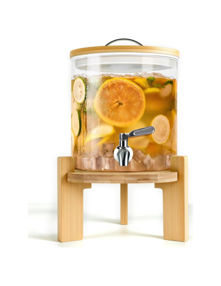 Dispensador de Bebidas de Vidrio SuRoidu 5L con Soporte de Madera