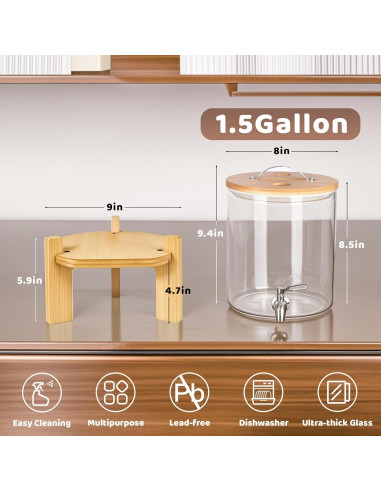 Dispensador de Bebidas de Vidrio SuRoidu 5L con Soporte de Madera