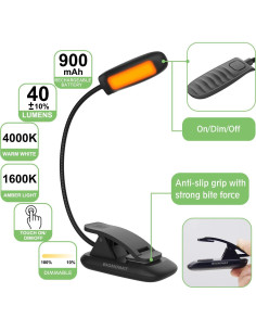 Luz de Lectura LED BIGMONAT Recargable Ámbar y Blanca 2