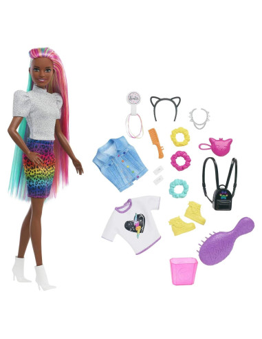 Muñeca Barbie Leopardo Pelo Arcoíris Mattel 30.4 cm con Accesorios