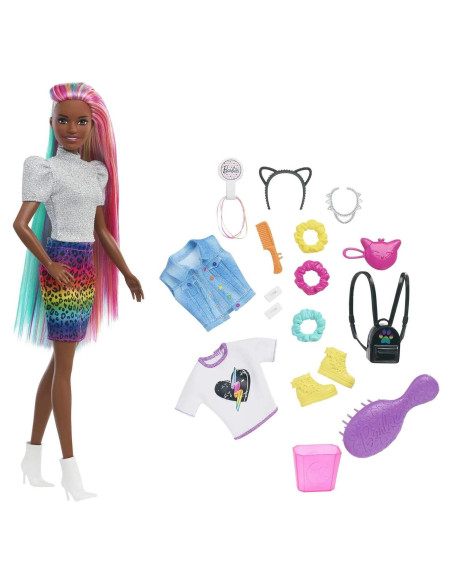Muñeca Barbie Leopardo Pelo Arcoíris Mattel 30.4 cm con Accesorios