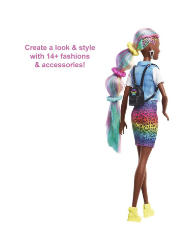 Muñeca Barbie Leopardo Pelo Arcoíris Mattel 30.4 cm con Accesorios
