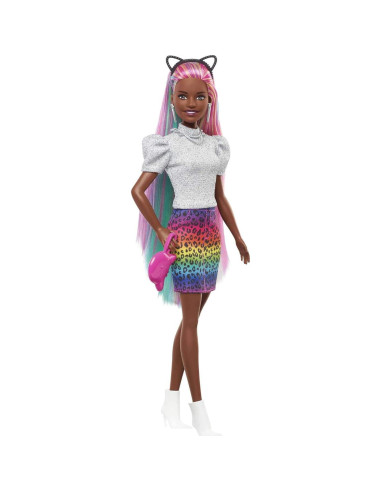 Muñeca Barbie Leopardo Pelo Arcoíris Mattel 30.4 cm con Accesorios