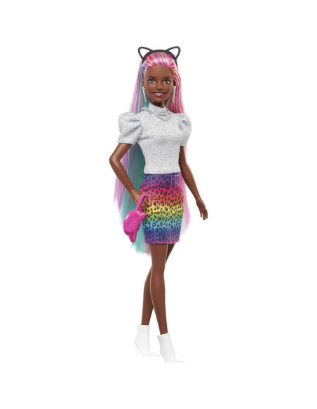 Muñeca Barbie Leopardo Pelo Arcoíris Mattel 30.4 cm con Accesorios