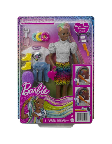 Muñeca Barbie Leopardo Pelo Arcoíris Mattel 30.4 cm con Accesorios