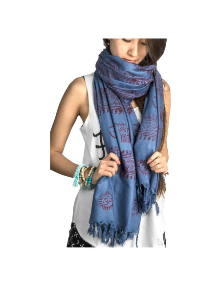 Bufanda Boho Tribu Azure OM Algodón Impresa a Mano 183x91 cm