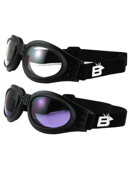 Gafas de Motocicleta Birdz Plegables Negras con Lentes Claros y Morados
