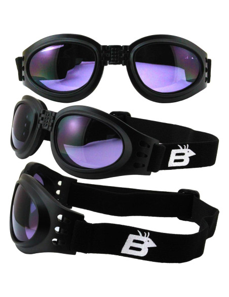 Gafas de Motocicleta Birdz Plegables Negras con Lentes Claros y Morados