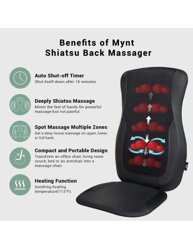 Almohadilla de Masaje Shiatsu Mynt Negra con Calor y 4 Nodos