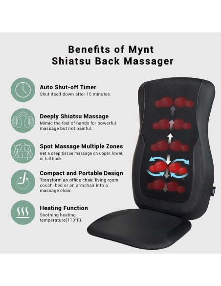 Almohadilla de Masaje Shiatsu Mynt Negra con Calor y 4 Nodos