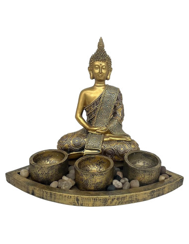 Estatua de Buda Meditador con 3 Portavelas ARTOS Oro Antiguo