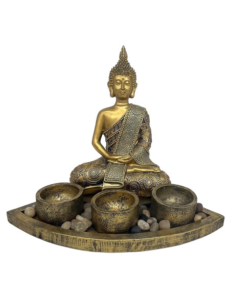 Estatua de Buda Meditador con 3 Portavelas ARTOS Oro Antiguo