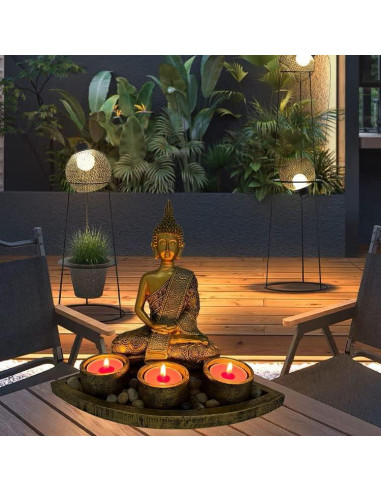 Estatua de Buda Meditador con 3 Portavelas ARTOS Oro Antiguo