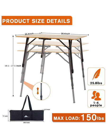 Mesa de Camping Plegable Ablazer de Bambú Ajustable 1-4 Personas