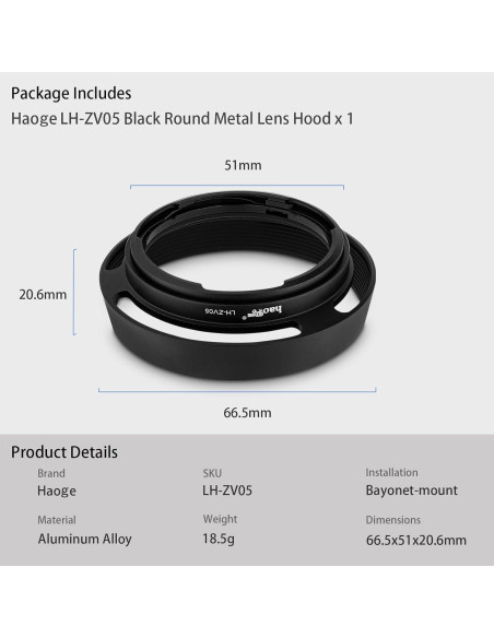 Capucha de Lente Metálica Haoge LH-ZV05 para Carl Zeiss y Voigtlander