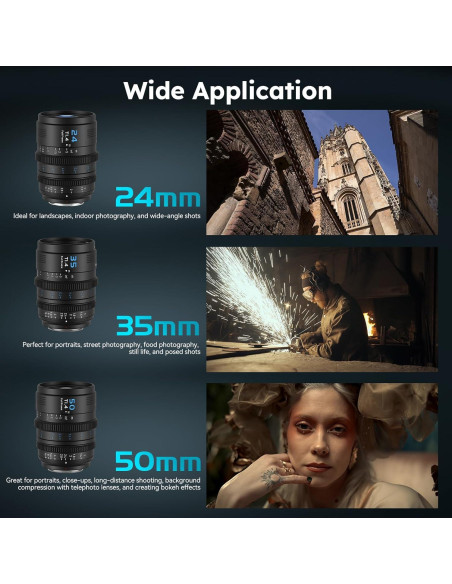 Juego de 3 Lentes de Cine SIRUI VP-1 T1.4 Full Frame 24mm 35mm 50mm