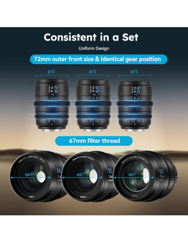 Juego de 3 Lentes de Cine SIRUI VP-1 T1.4 Full Frame 24mm 35mm 50mm