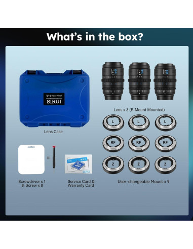 Juego de 3 Lentes de Cine SIRUI VP-1 T1.4 Full Frame 24mm 35mm 50mm
