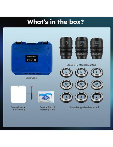 Juego de 3 Lentes de Cine SIRUI VP-1 T1.4 Full Frame 24mm 35mm 50mm