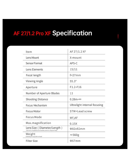 Lente VILTROX AF 27mm f/1.2 para Fujifilm X-Mount, Metal